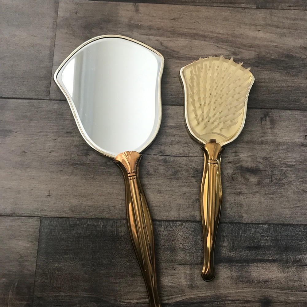 Vintage Hand Held Vanity Mirror and Hair Brush